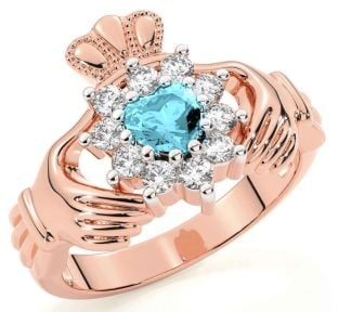 Diamond Aquamarine Rose Gold Silver Claddagh Ring