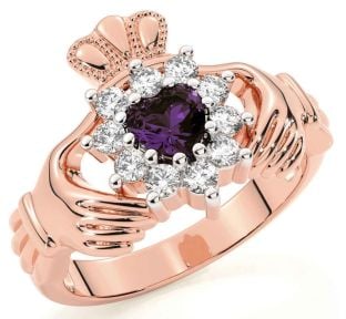 Diamond Alexandrite Rose Gold Silver Claddagh Ring