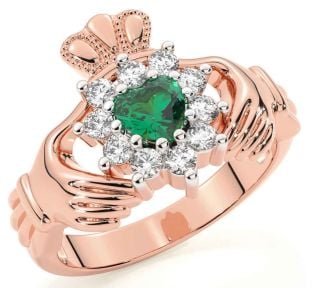 Diamond Emerald Rose Gold Silver Claddagh Ring