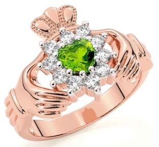 Diamond Peridot Rose Gold Silver Claddagh Ring