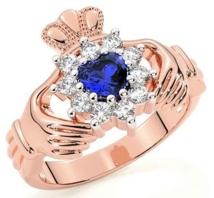 Diamond Sapphire Rose Gold Silver Claddagh Ring