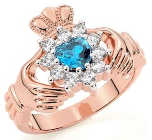 Diamond Topaz Rose Gold Silver Claddagh Ring