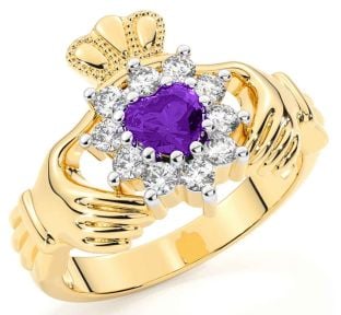 Diamond Amethyst Gold Silver Claddagh Ring