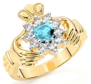 Diamond Aquamarine Gold Silver Claddagh Ring