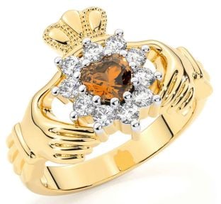 Diamond Citrine Gold Silver Claddagh Ring