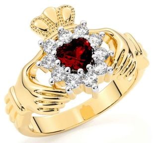 Diamond Garnet Gold Silver Claddagh Ring