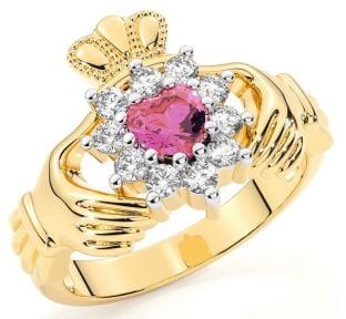 Diamond Pink Tourmaline Gold Silver Claddagh Ring