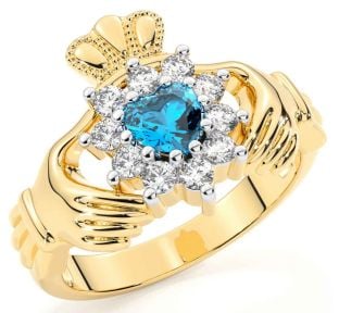 Diamond Topaz Gold Silver Claddagh Ring