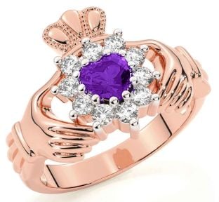 Diamond Amethyst Rose Gold Claddagh Ring