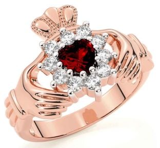 Diamond Garnet Rose Gold Claddagh Ring