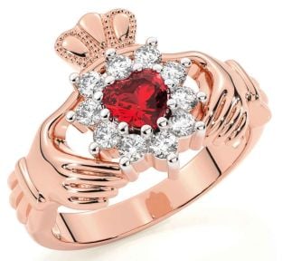 Diamond Ruby Rose Gold Claddagh Ring