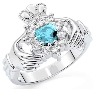 Diamond Aquamarine Silver Claddagh Ring