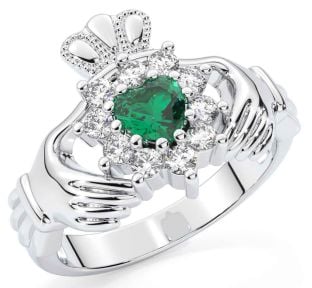 Diamond Emerald Silver Claddagh Ring