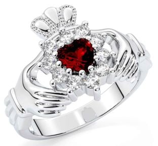 Diamond Garnet Silver Claddagh Ring