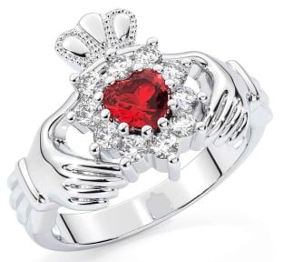 Diamond Ruby Silver Claddagh Ring