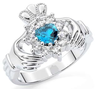 Diamond Topaz Silver Claddagh Ring