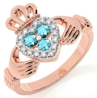 Diamond Aquamarine Rose Gold Silver Claddagh Ring