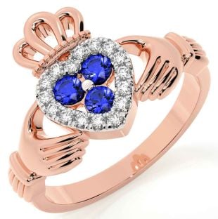 Diamond Sapphire Rose Gold Silver Claddagh Ring