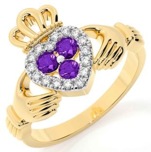 Diamond Amethyst Gold Silver Claddagh Ring