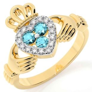 Diamond Aquamarine Gold Silver Claddagh Ring