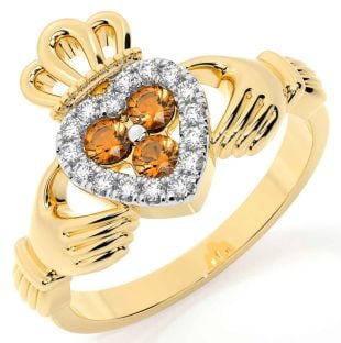 Diamond Citrine Gold Silver Claddagh Ring