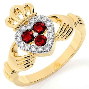 Diamond Garnet Gold Silver Claddagh Ring