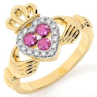 Diamond Pink Tourmaline Gold Silver Claddagh Ring