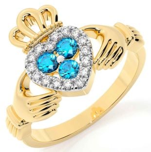 Diamond Topaz Gold Silver Claddagh Ring