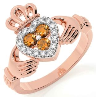 Diamond Citrine Rose Gold Claddagh Ring