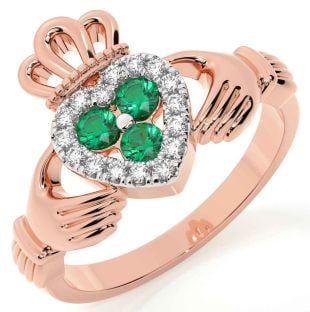 Diamond Emerald Rose Gold Claddagh Ring