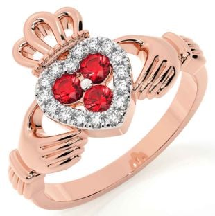 Diamond Ruby Rose Gold Claddagh Ring