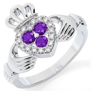 Diamond Amethyst Silver Claddagh Ring