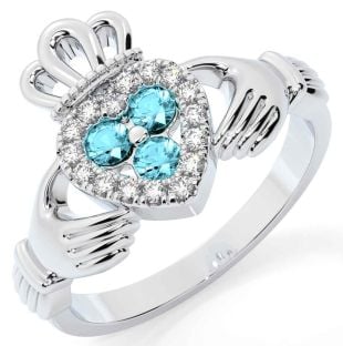 Diamond Aquamarine Silver Claddagh Ring