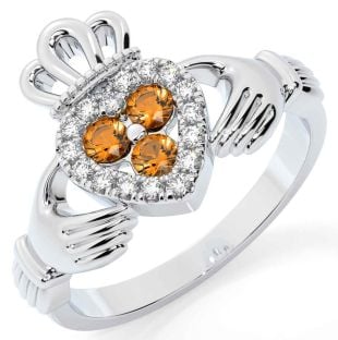 Diamond Citrine Silver Claddagh Ring