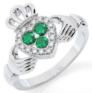 Diamond Emerald White Gold Claddagh Ring