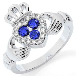 Diamond Sapphire White Gold Claddagh Ring