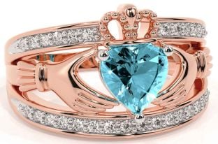 Diamond Aquamarine Rose Gold Silver Claddagh Ring