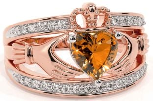 Diamond Citrine Rose Gold Silver Claddagh Ring