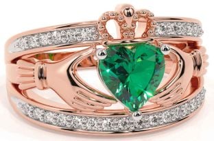 Diamond Emerald Rose Gold Silver Claddagh Ring