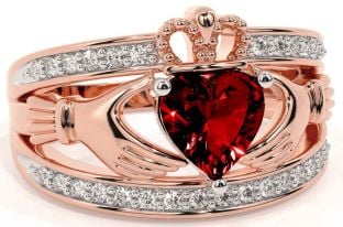 Diamond Garnet Rose Gold Silver Claddagh Ring