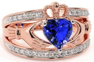 Diamond Sapphire Rose Gold Silver Claddagh Ring