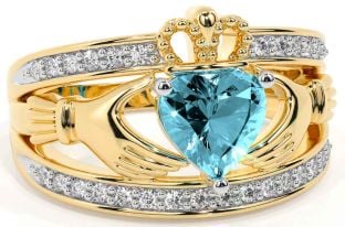 Diamond Aquamarine Gold Silver Claddagh Ring