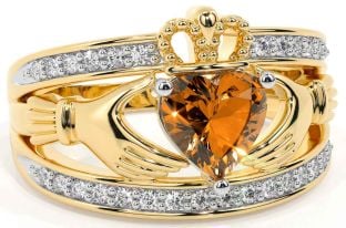 Diamond Citrine Gold Silver Claddagh Ring