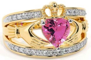 Diamond Pink Tourmaline Gold Silver Claddagh Ring