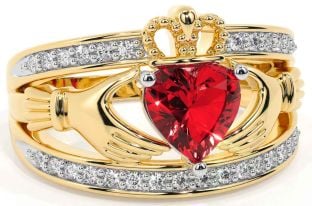 Diamond Ruby Gold Silver Claddagh Ring