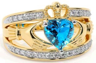 Diamond Topaz Gold Silver Claddagh Ring