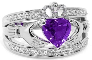 Diamond Amethyst Silver Claddagh Ring