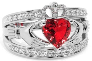 Diamond Ruby Silver Claddagh Ring