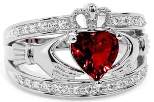 Diamond Garnet White Gold Claddagh Ring