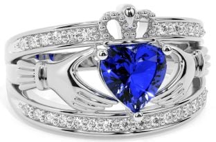 Diamond Sapphire White Gold Claddagh Ring